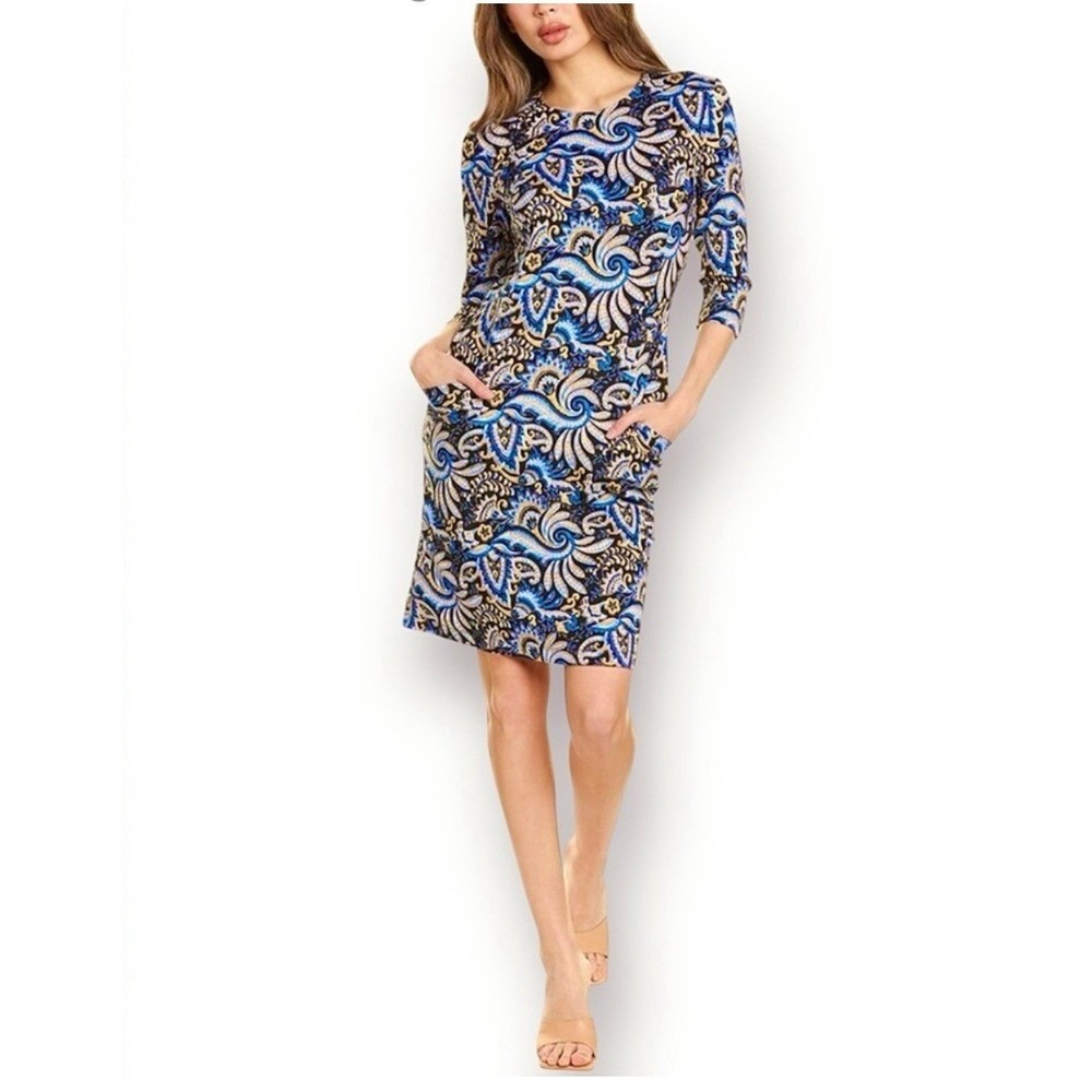 J.McLaughlin Blue Paisley Sheath Dress 3/4 Sleeve Pockets Size L